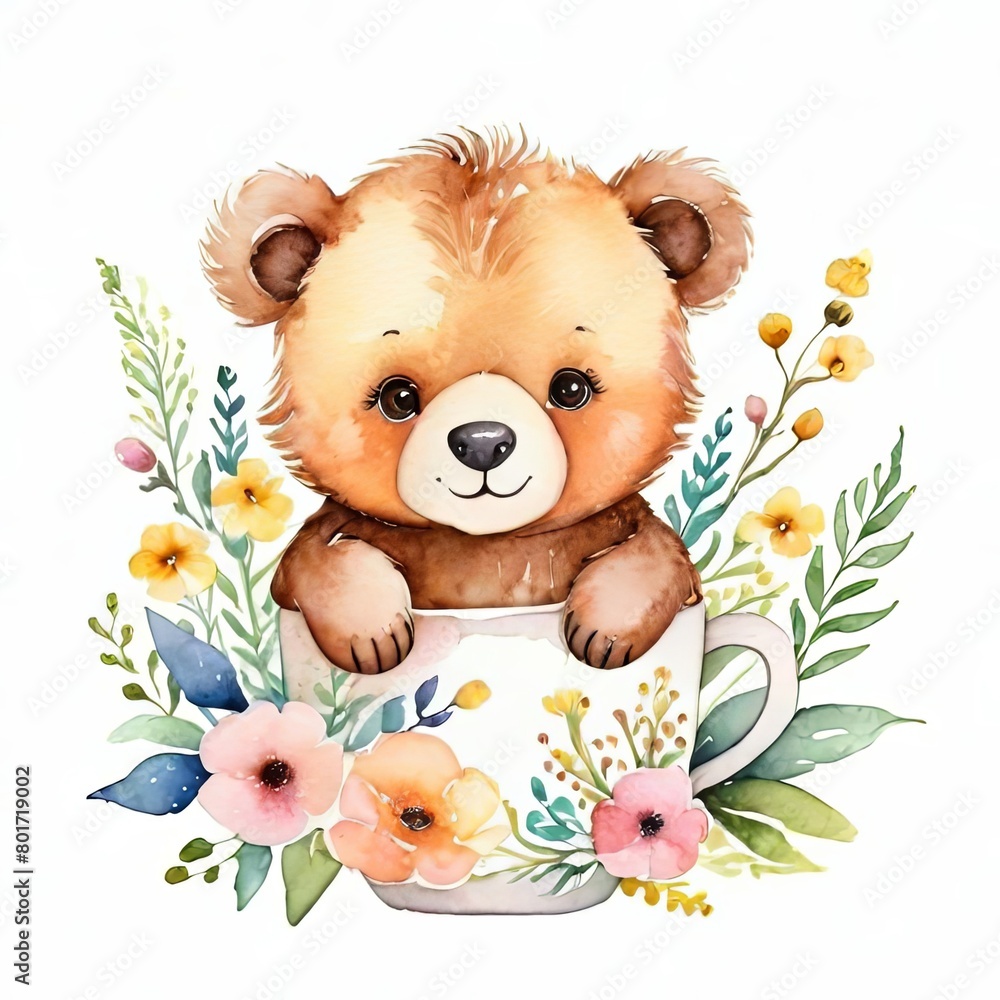 little bear in with colorful flowers. Cute bear, tropical cute animals. Watercolor set. Set, watercolor animals, on isolated background. For children's cards and invitations. little bear in with colorful flowers. Cute bear, tropical cute animals. Watercolor set. Set, watercolor animals, on isolated background. For children's cards and invitations.
