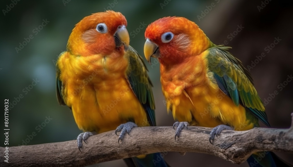 Vibrant macaws perching on branch in rainforest 