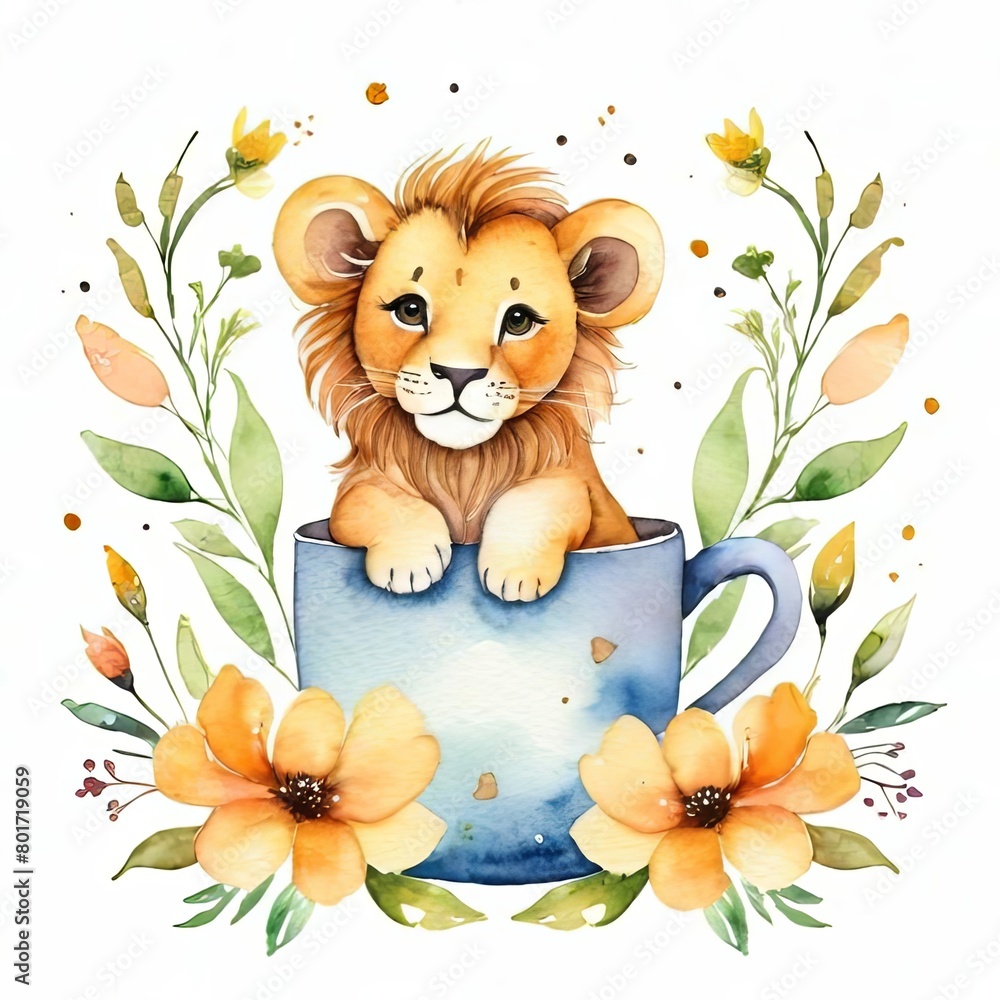Cute little lion in a mug with the flowers on white background, watercolor style, made for kids Cute little lion in a mug with the flowers on white background, watercolor style, made for kids