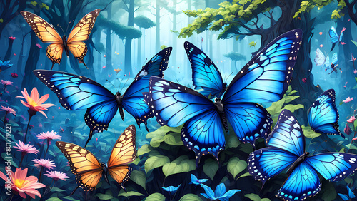 hordes of beautiful blue butterflies in the forest  flying freely and beautifully  Generative AI