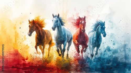 ilustrasi foto spanduk cat air tampilan atas kuda berlari photo