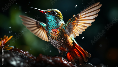 Hummingbird flying, iridescent feather, vibrant colors, beauty in nature 