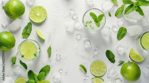 A refreshing beverage made of water, limes, and mint leaves in a glass on the table, perfect for a hot day AIG50