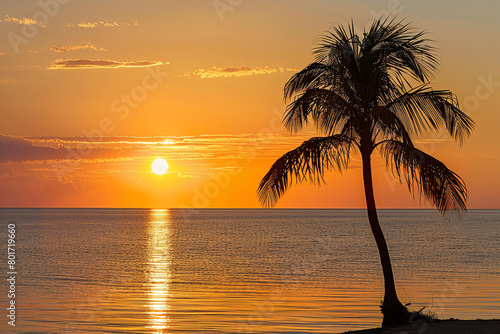 A lone palm tree swaying gently in the ocean breeze, casting a graceful silhouette against the setting sun. © Ateeq