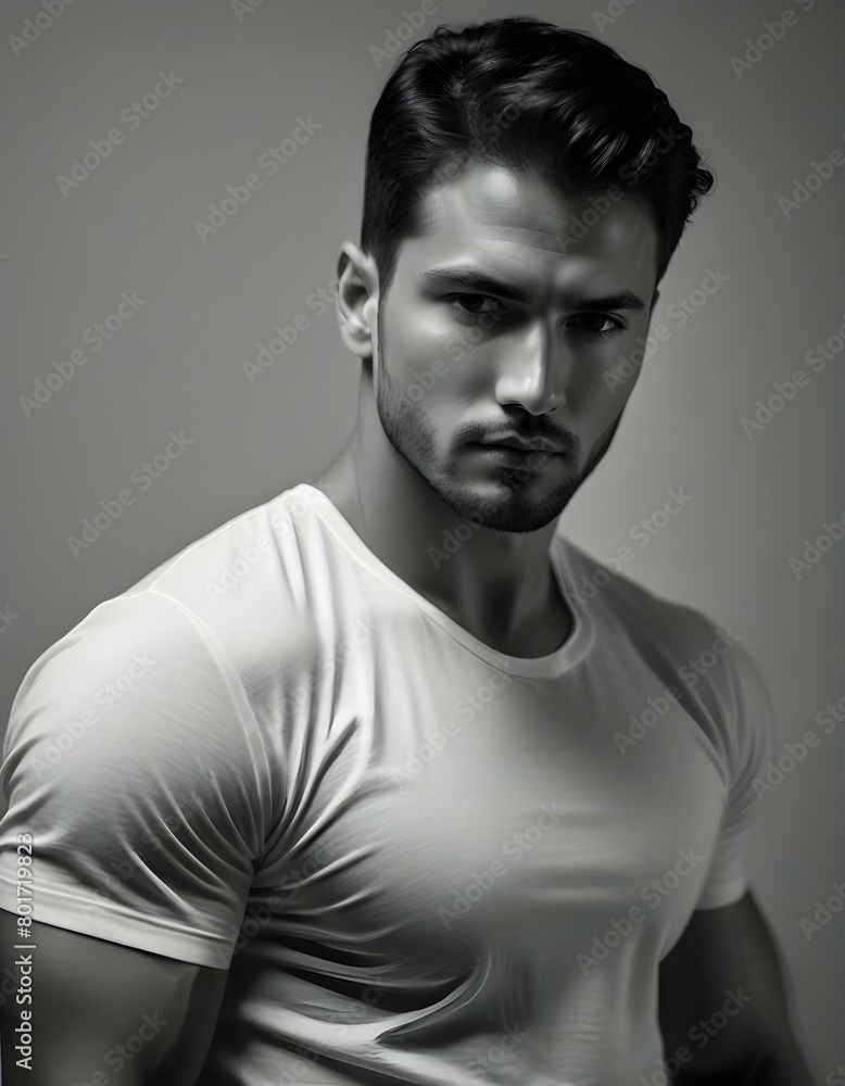 black and white handsome and fit man in a white t-shirt black and white handsome and fit man in a white t-shirt