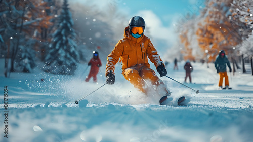 Downhill Skier Carving Through Snowy Slope on Mountainous Landscape Under Falling Snow