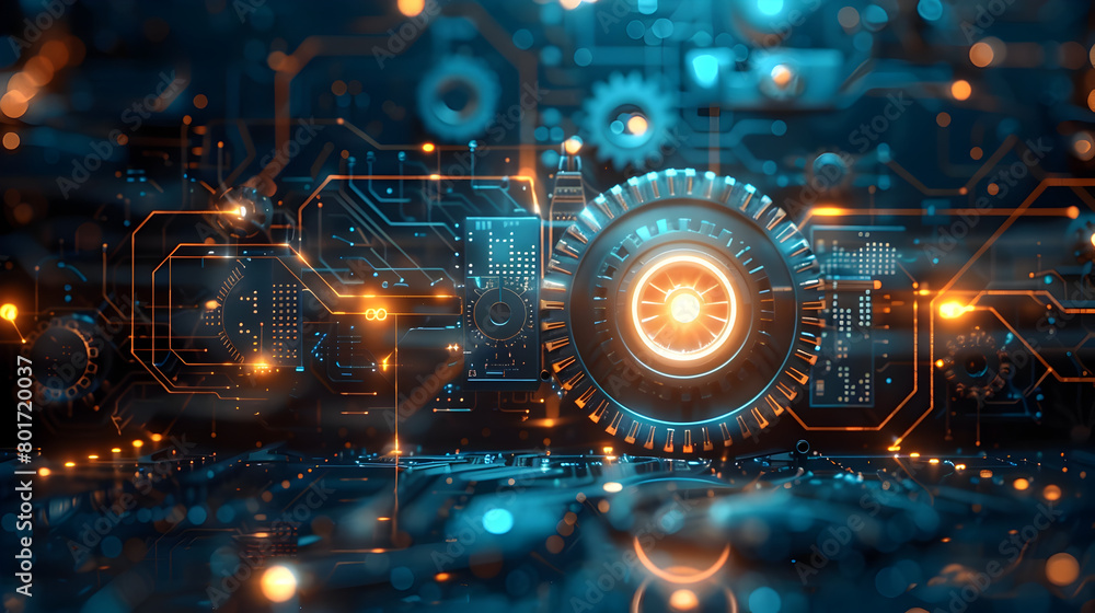 Futuristic Circuit Board with Overlaid Gear Wheels and Abstract Polygonal Patterns in Blue Tones Futuristic Circuit Board with Overlaid Gear Wheels and Abstract Polygonal Patterns in Blue Tones