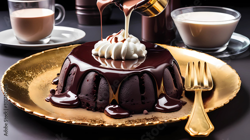 Chocolate Lava Cake it that has chocolate ganache liquid chocolate pouring out when sliced open on a solid 24k carat gold plate with large glass of cholate milk and perfectly placed utensils photo