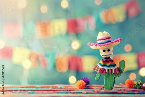 A colorful cactus wearing a sombrero is sitting on a wooden table.