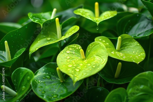 Rainwater over fresh green anthurium leaves - generative ai