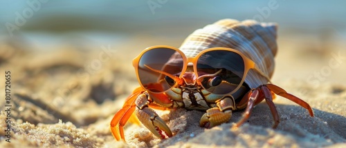 A crab wearing sunglasses is sitting on a sandy beach. © Dusit