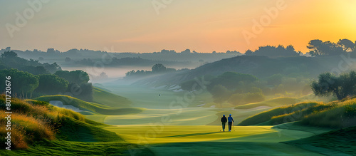 Golfers Enjoying a Scenic Round of Golf Amidst Rolling Hills and Vibrant Sunset Skies