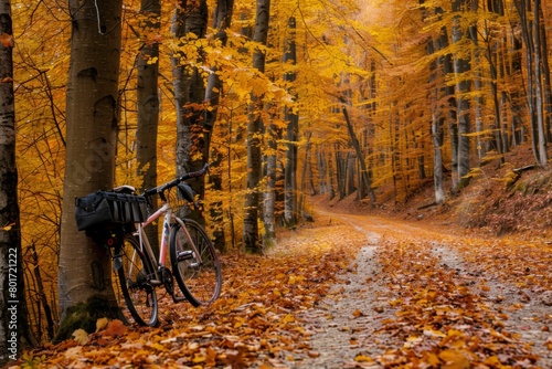 Bicycle Parked on an Autumn Forest Path photo
