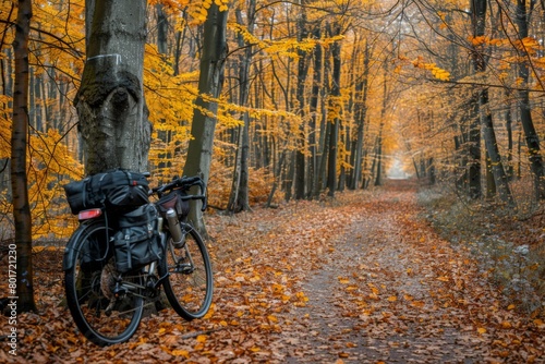 Fototapeta Naklejka Na Ścianę i Meble -  Touring Bicycle on a Misty Autumn Forest Trail
