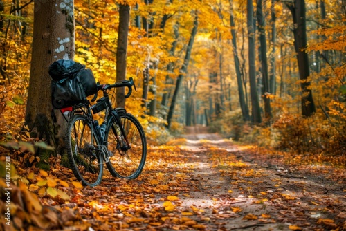Fototapeta Naklejka Na Ścianę i Meble -  Bicycle Parked Along Autumn Leaf Covered Path
