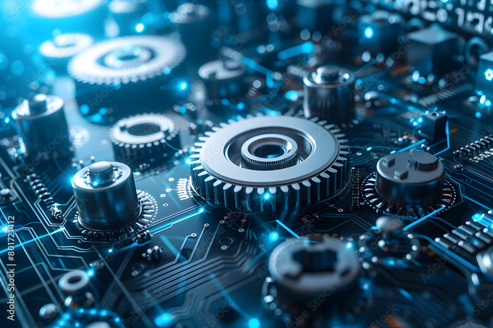 Intricate Digital Circuit Board with Interconnected Gears and Shapes Against a Blue Backdrop Intricate Digital Circuit Board with Interconnected Gears and Shapes Against a Blue Backdrop