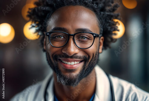 dark-skinned smiling doctor with glasses in a white medical coat