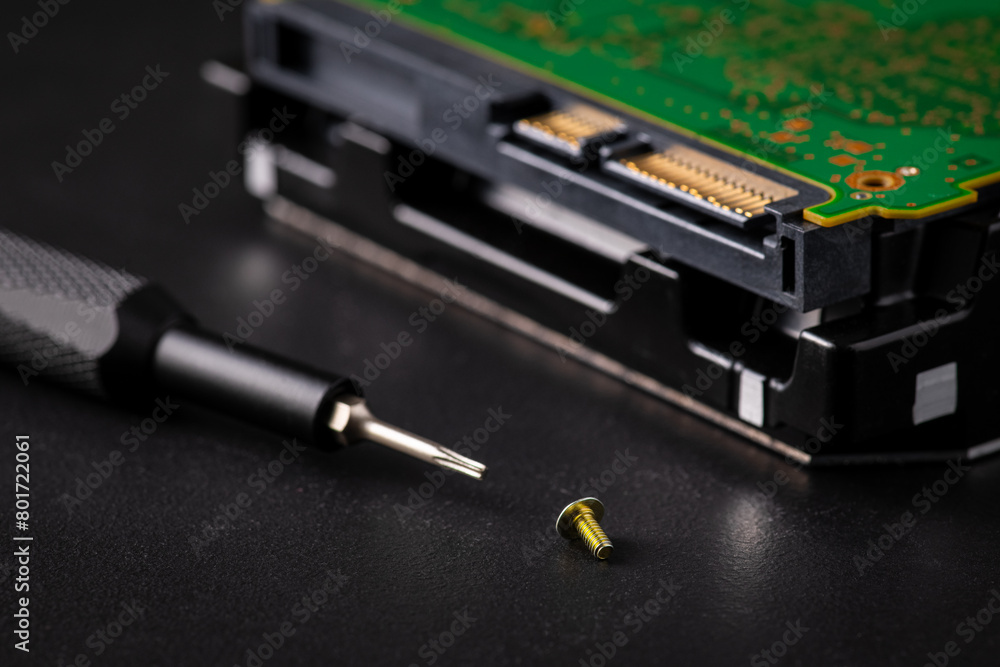 Hard disk drive and printed circuit board with SATA power connector. Magnetic driver torx bit and small machine screw Hard disk drive and printed circuit board with SATA power connector. Magnetic driver torx bit and small machine screw