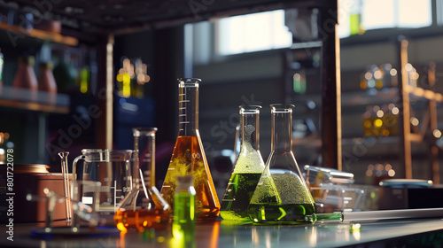 Vibrant Chemicals in Flasks on a Laboratory Bench