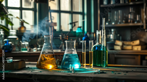 Vibrant Chemicals in Flasks on a Laboratory Bench