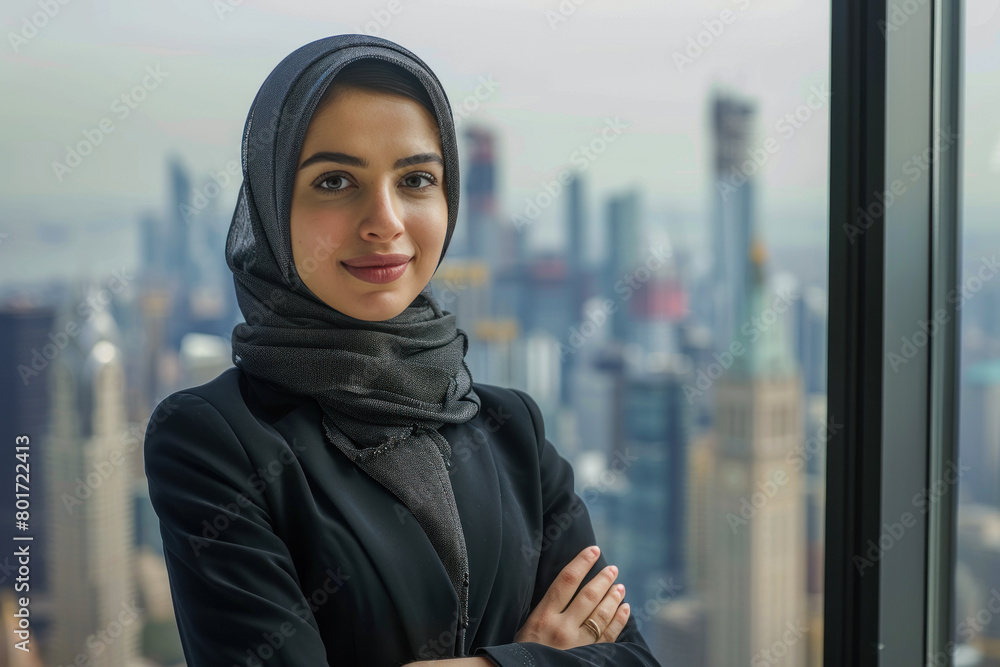 Arab businesswoman wearing black suit standing in modern office Arab businesswoman wearing black suit standing in modern office