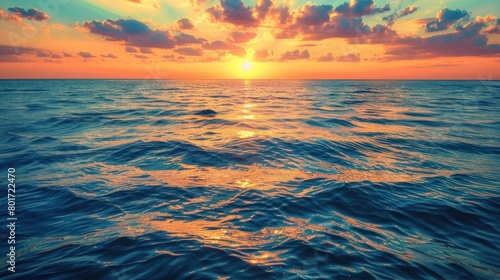 amazing shot of a calm blue sea on orange sunset background. Colorful Ocean Wave. clam Sea water. © muza