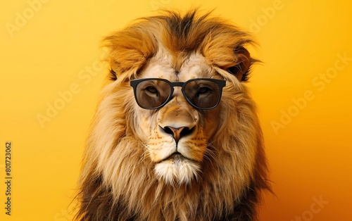 Creative animal concept. Lion with sunglasses isolated on pastel yellow background. 