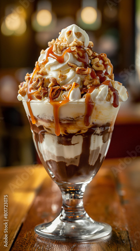 Ice cream sundae with layers of caramel, nuts, and whipped cream