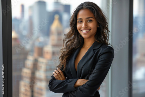 Free Download Indian businesswoman wearing black suit standing in modern office - GFXLoad