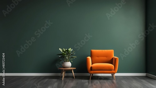  Modern wooden living room with an orange armchair on empty dark green wall background, Minimal room- 3D rendering 