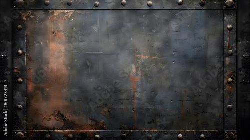 A large, dark, rusted metal plate with a vintage, retro, grungy texture serves as an industrial mechanic decoration surface.