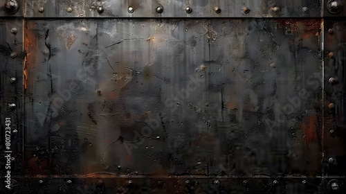 A large, dark, rusted metal plate with a vintage, retro, grungy texture serves as an industrial mechanic decoration surface.