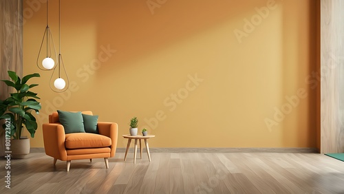  Modern wooden living room with an orange armchair on empty dark green wall background  Minimal room- 3D rendering 