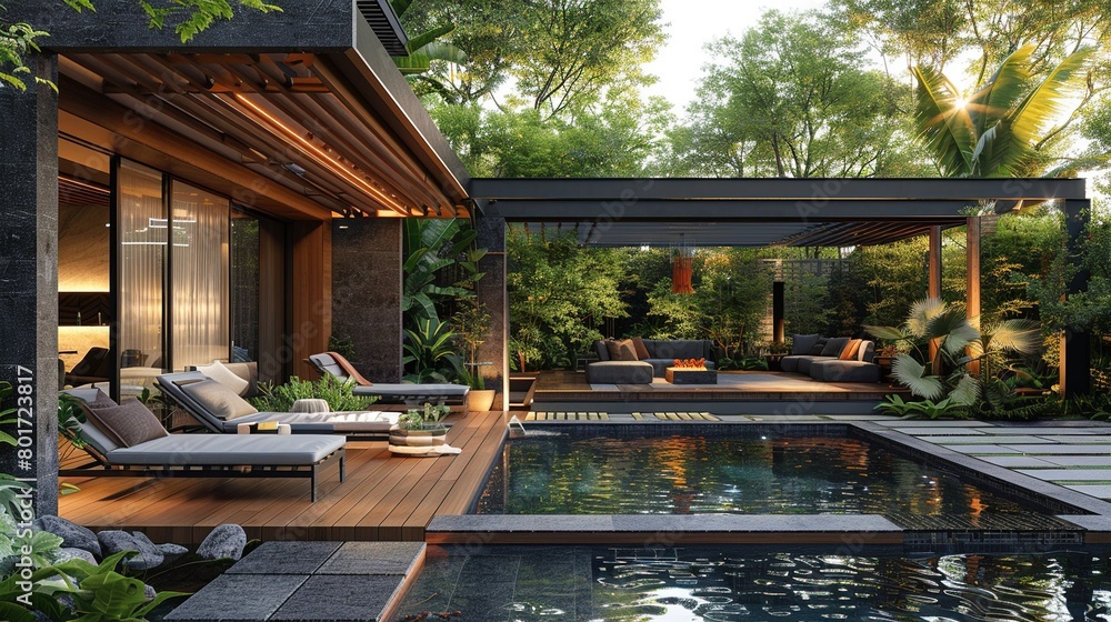 Interior design of a luxurious outdoor garden in the morning, with teak ...