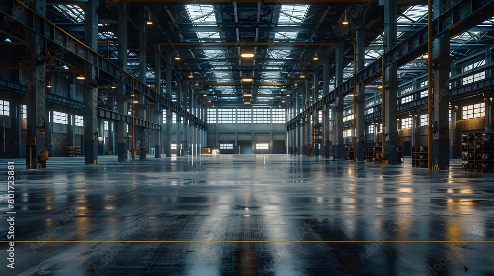 A warehouse with concrete floors and high ceilings exhibited the industrial architecture of an open space, ideal for displaying goods or arranging events, enhancing business shipping transportation.