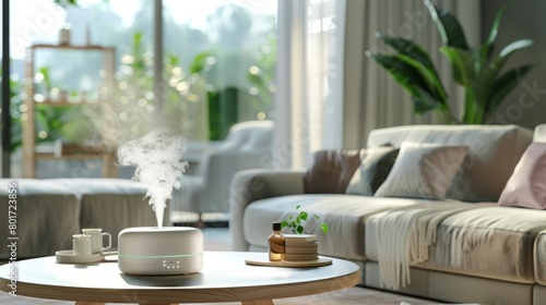 Aroma humidifier therapeutic home device. Essential aroma oil diffuser on the table, nearby mint leaves, green background, copy space for text. Still life. Concept aromatherapy and relaxing. Air © PaulShlykov