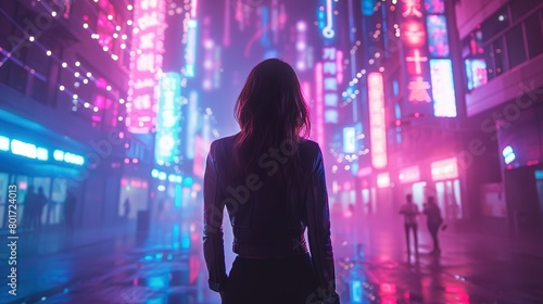 Back view of a cyberpunk girl standing against the background of a night city in the future.