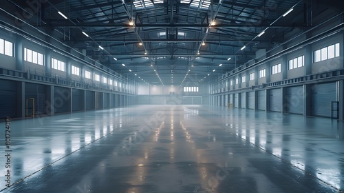 A warehouse with concrete floors and high ceilings exhibited the industrial architecture of an open space  ideal for displaying goods or arranging events  enhancing business shipping transportation.
