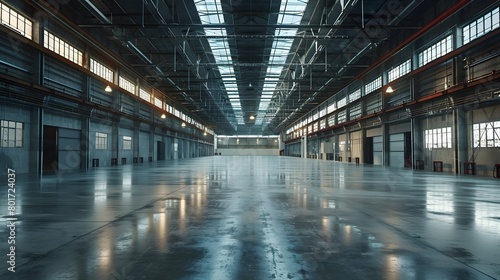 A warehouse with concrete floors and high ceilings exhibited the industrial architecture of an open space, ideal for displaying goods or arranging events, enhancing business shipping transportation. photo
