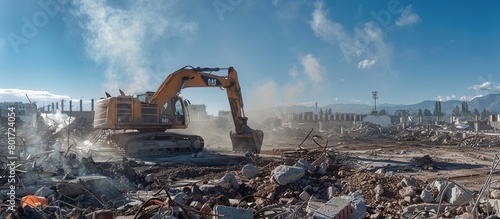 An excavator loader at work excavating, crushing and loading building materials at a demolition construction site. photo