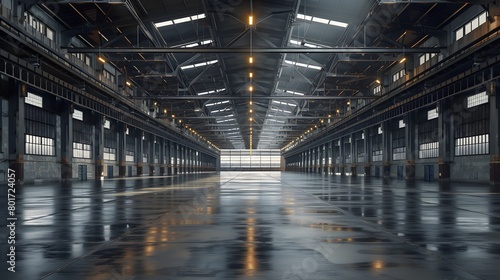 A warehouse with concrete floors and high ceilings exhibited the industrial architecture of an open space  ideal for displaying goods or arranging events  enhancing business shipping transportation.