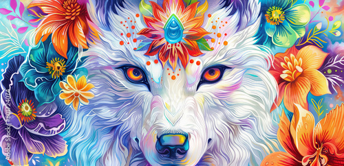 Spiritual wolf with floral and mystical motifs - A spiritually charged illustration of a wolf adorned with floral patterns and mystical symbols, representing natural harmony and wisdom photo