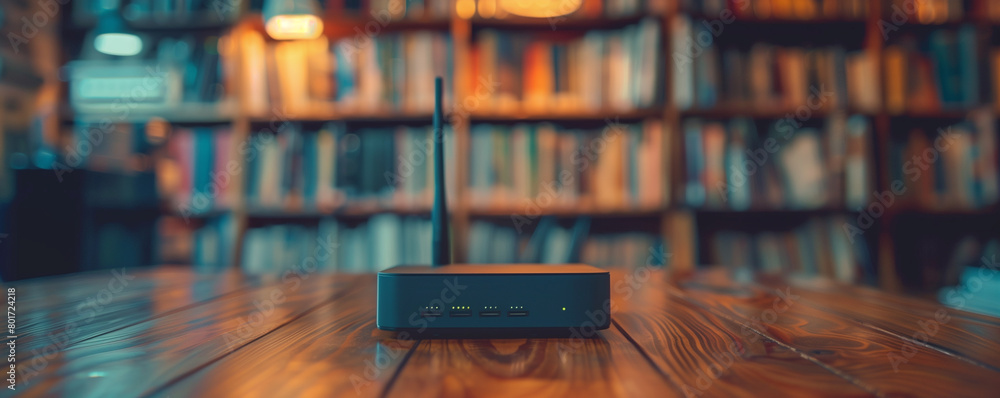 Enhance your home network with a sleek high-speed wireless router positioned elegantly on a wooden table, complementing the modern interior with its advanced connectivity and technology.