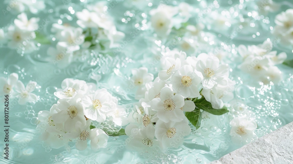 White jasmine flowers in blue transparent water. Summer floral composition with sun and shadows. Nature concept. Selective focus White jasmine flowers in blue transparent water. Summer floral composition with sun and shadows. Nature concept. Selective focus
