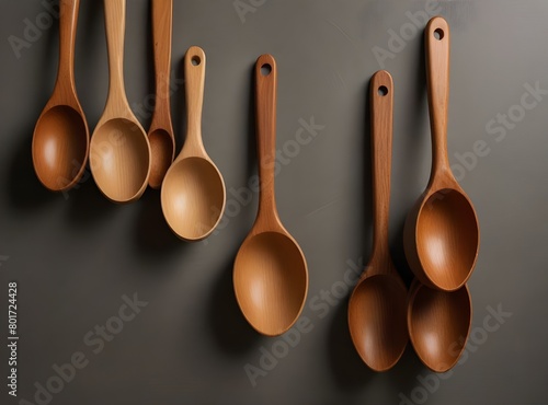 A row of wooden spoons and measuring cups hanging on a wall, AI 