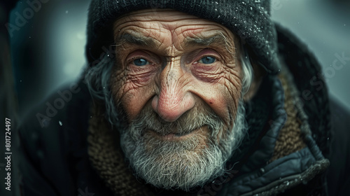 Amidst the city streets  a homeless elderly man beams with joy in a close-up portrait  his weathered face and twinkling eyes adorned with a cozy hat and coat.