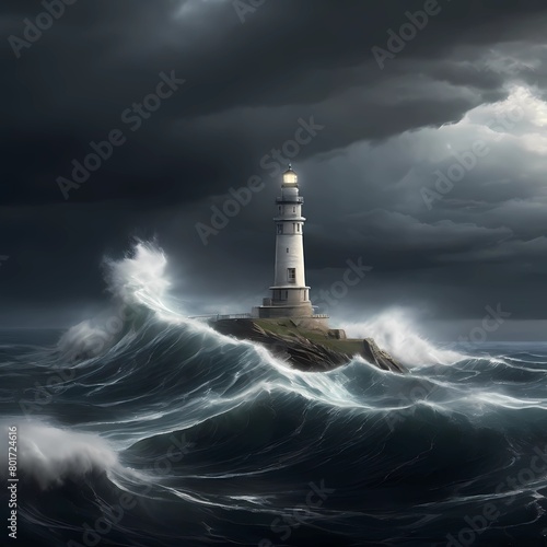 dark background of waves crashing against the lighthouse. beautiful view for banner, poster, web, social media. generative ai