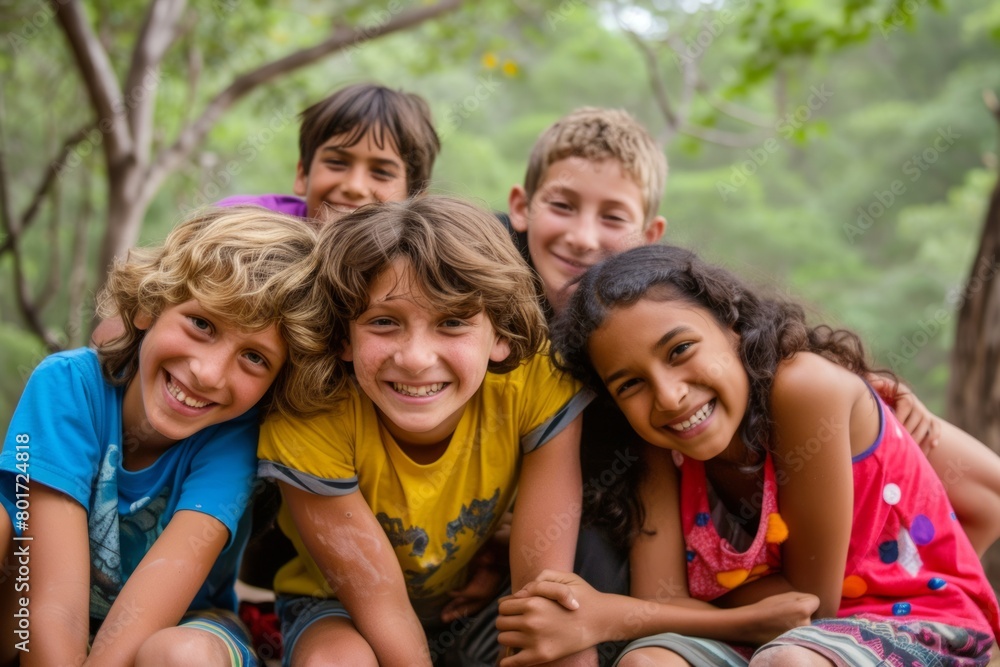 Group of children smiling and looking at the camera in the park. Group of children smiling and looking at the camera in the park.