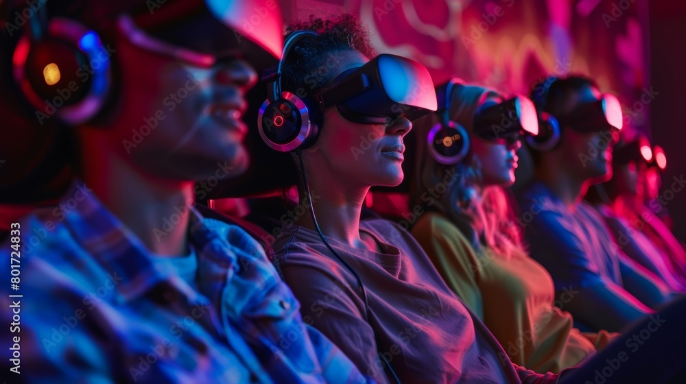 A group of friends enjoying a movie together with each person wearing headphones that deliver audio descriptions of the visual scenes for a fully immersive experience..