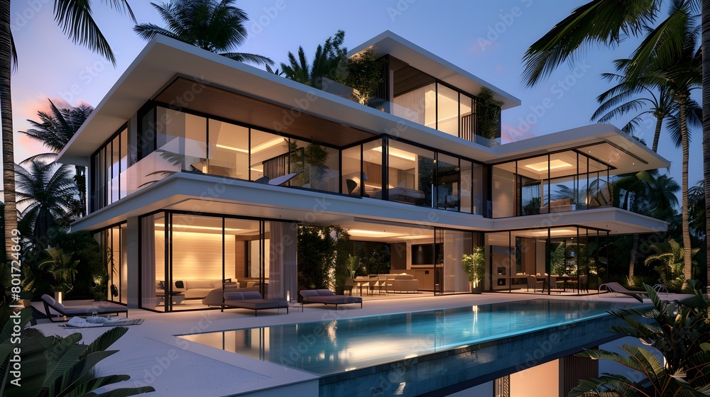A luxurious modern villa mansion in Miami, with a garden and a swimming pool, is surrounded by palm trees, offering a tropical vacation vibe and large windows for a grand view.